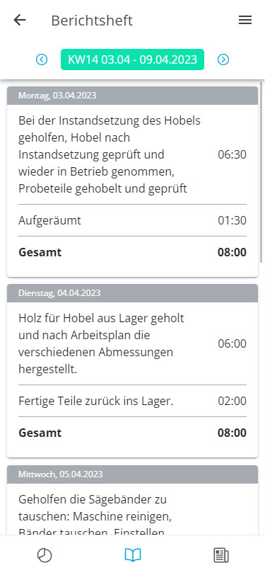 Screenshot Woodbook - Mobilansicht einer Berichtsheftwoche