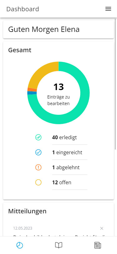 Screenshot Woodbook - Mobilansicht des Dashboards