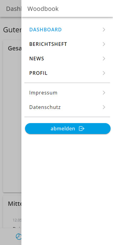 Screenshot Woodbook - Mobilansicht des Menüs