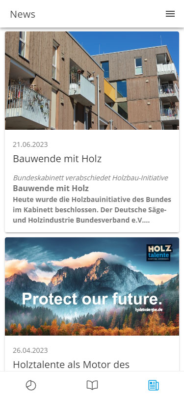 Screenshot Woodbook - Mobilansicht der News-Seite