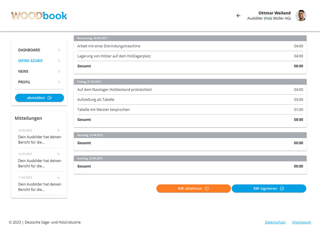 Screenshot Woodbook - Desktopansicht der vom Azubi ausgefüllten Berichtsheftwoche aus Sicht des Ausbilders