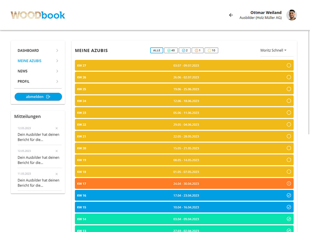 Screenshot Woodbook - Desktopansicht für die Übersicht der Berichtsheftwochen eines Azubis aus Sicht des Ausbilders