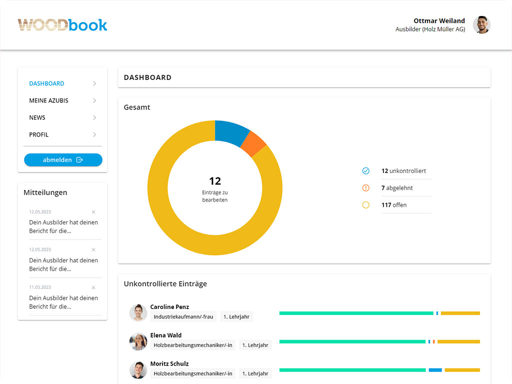 Screenshot Woodbook - Desktopansicht des Ausbilder Dashboards