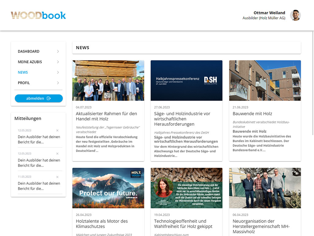 Screenshot Woodbook - Desktopansicht der News-Seite