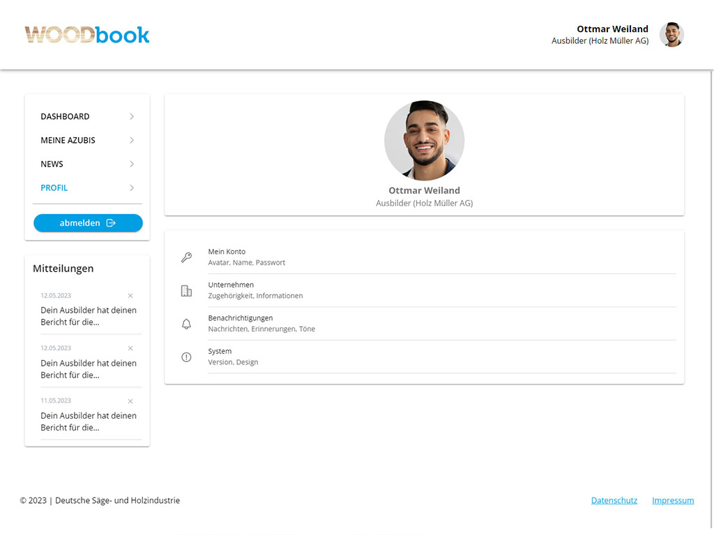Screenshot Woodbook - Desktopansicht eines Benutzerprofils